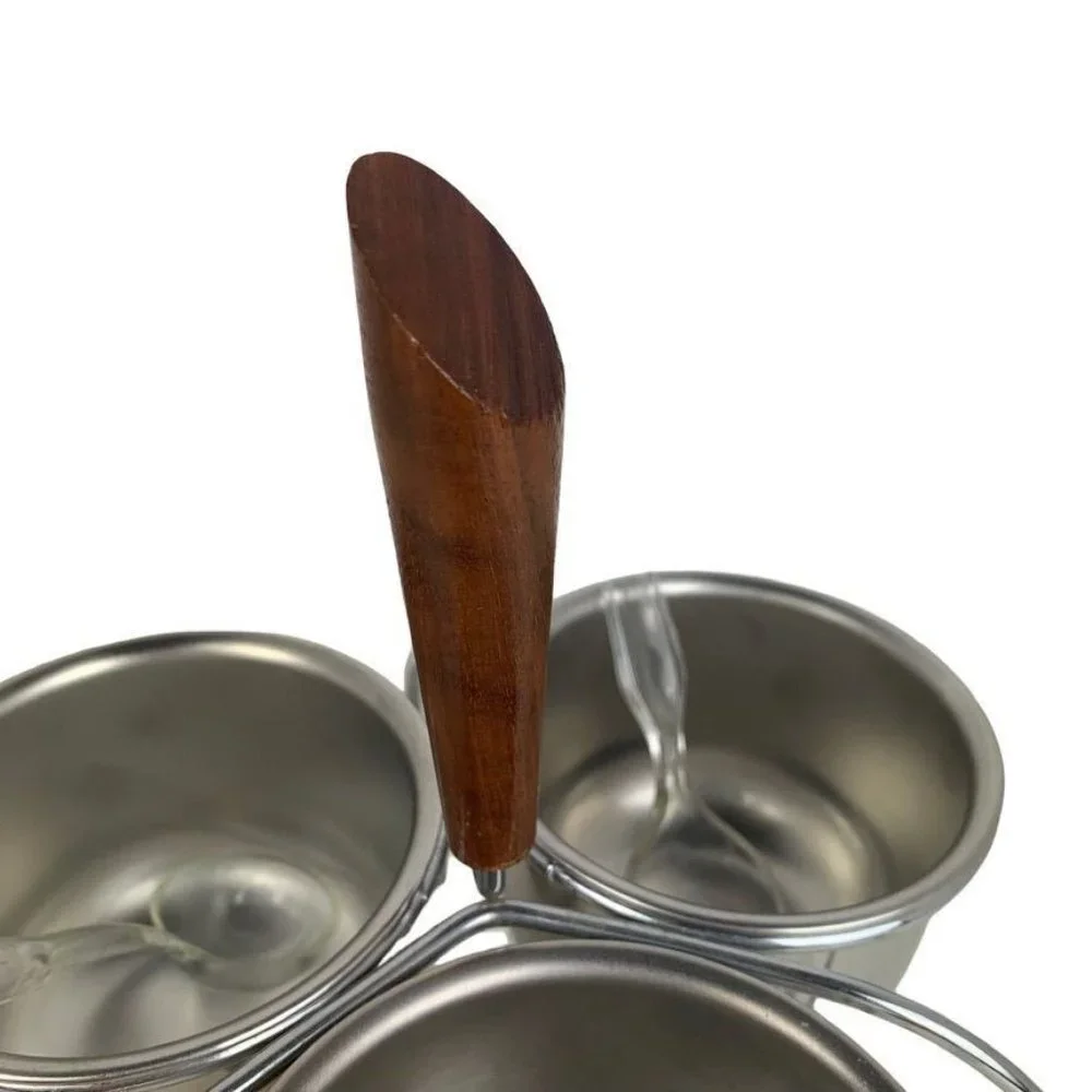 Vintage Midcentury 3 Bowl Condiment Caddy Metal Wood Handle Plastic Spoons‎
